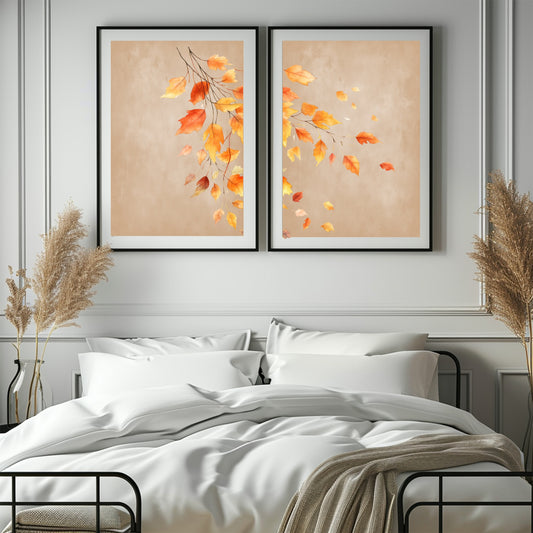 Set of 2 Autumnal Leaves Print | Over The Bed Wall Art