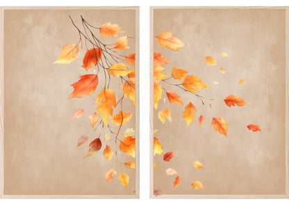 Set of 2 Autumnal Leaves Print | Over The Bed Wall Art