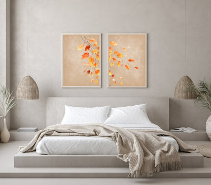 Set of 2 Autumnal Leaves Print | Over The Bed Wall Art