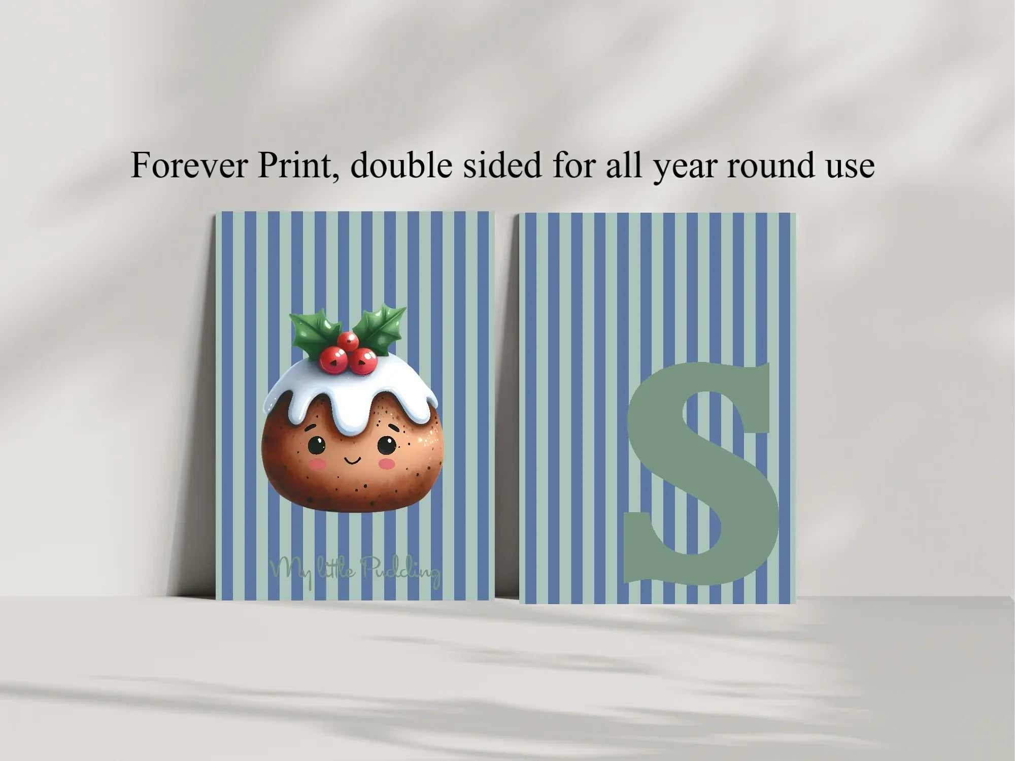 Personalised Christmas My Little Pudding Forever Print | Double Sided | Blue & Sage Green - Larosier Prints