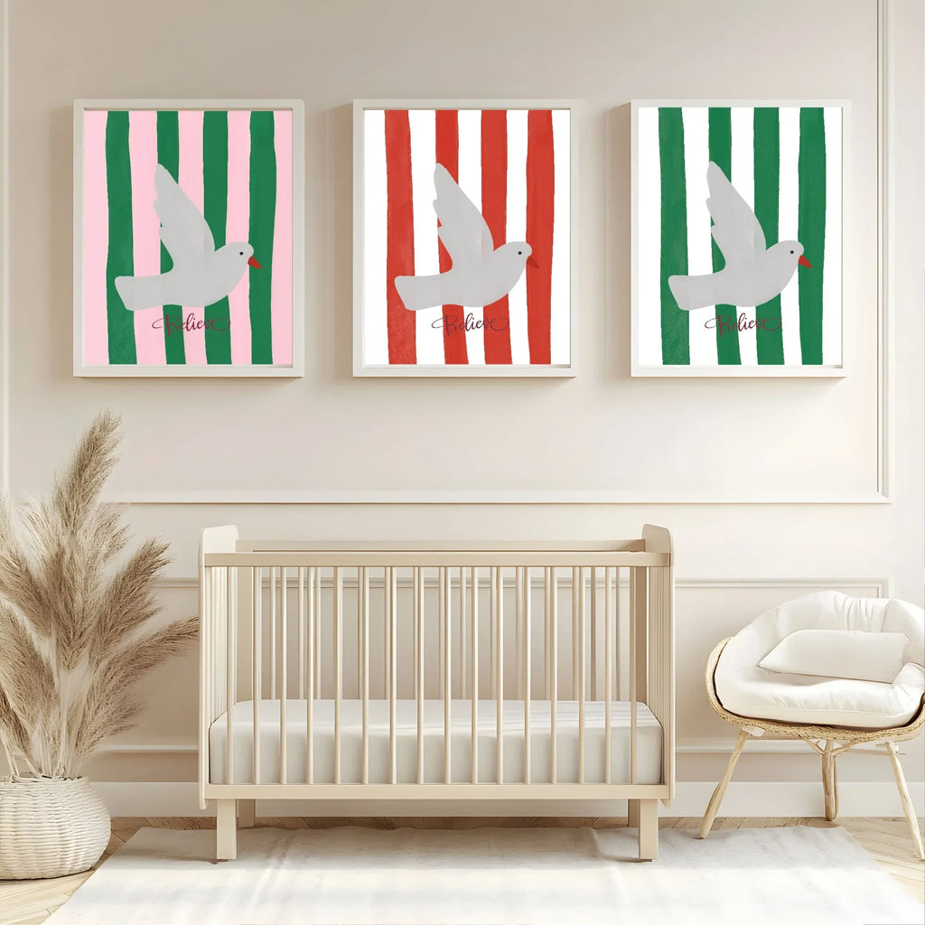 Believe Bird In Stripes Print | Red, Green & Pink Colour Stripes Options - Larosier Prints