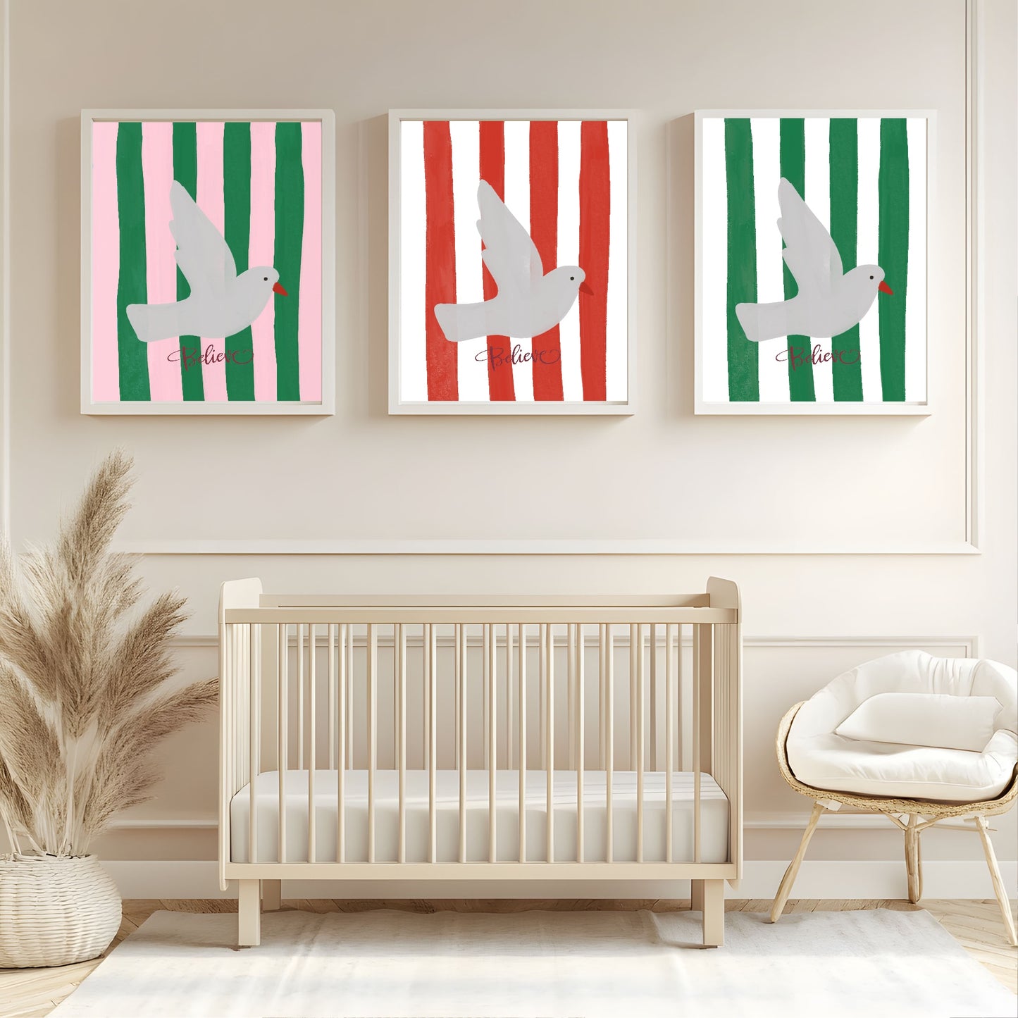 Believe Bird In Stripes Print |  Red, Green & Pink Colour Stripes Options