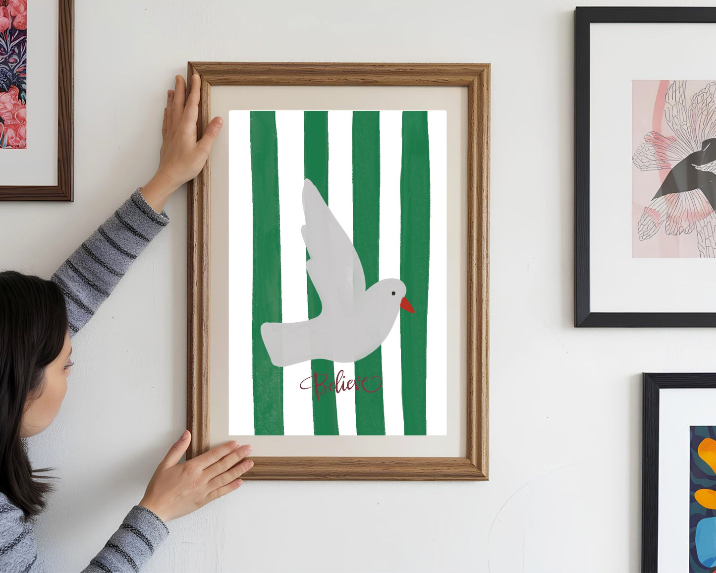 Believe Bird In Stripes Print |  Red, Green & Pink Colour Stripes Options