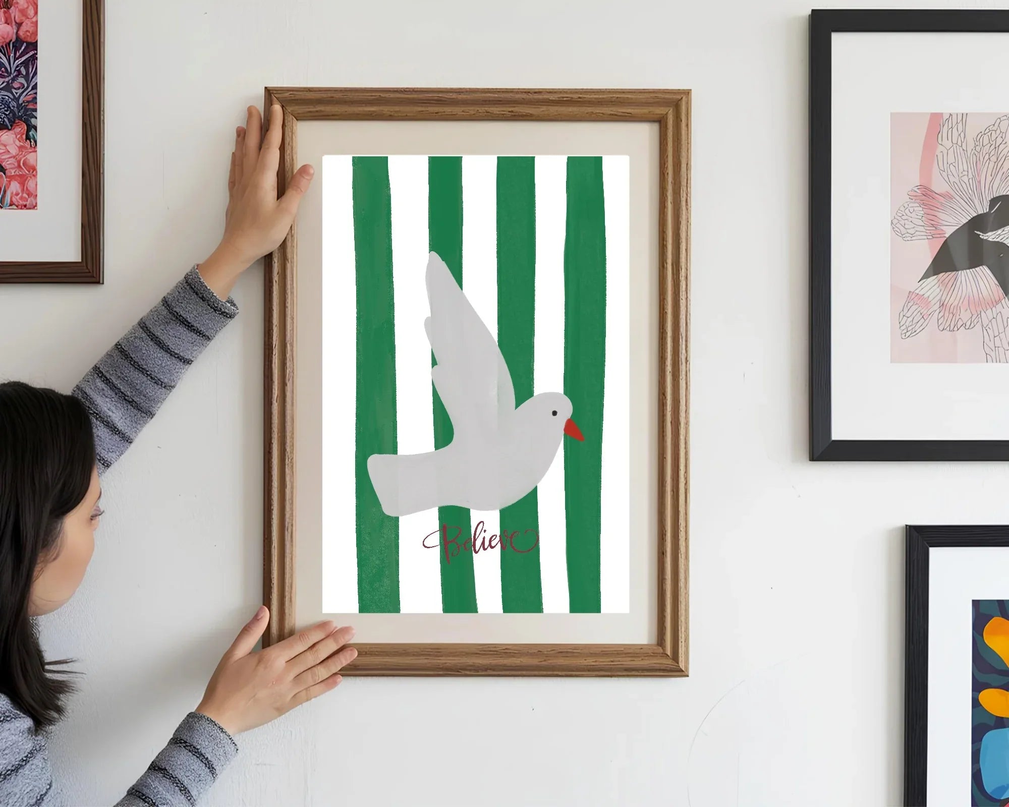 Believe Bird In Stripes Print | Red, Green & Pink Colour Stripes Options - Larosier Prints
