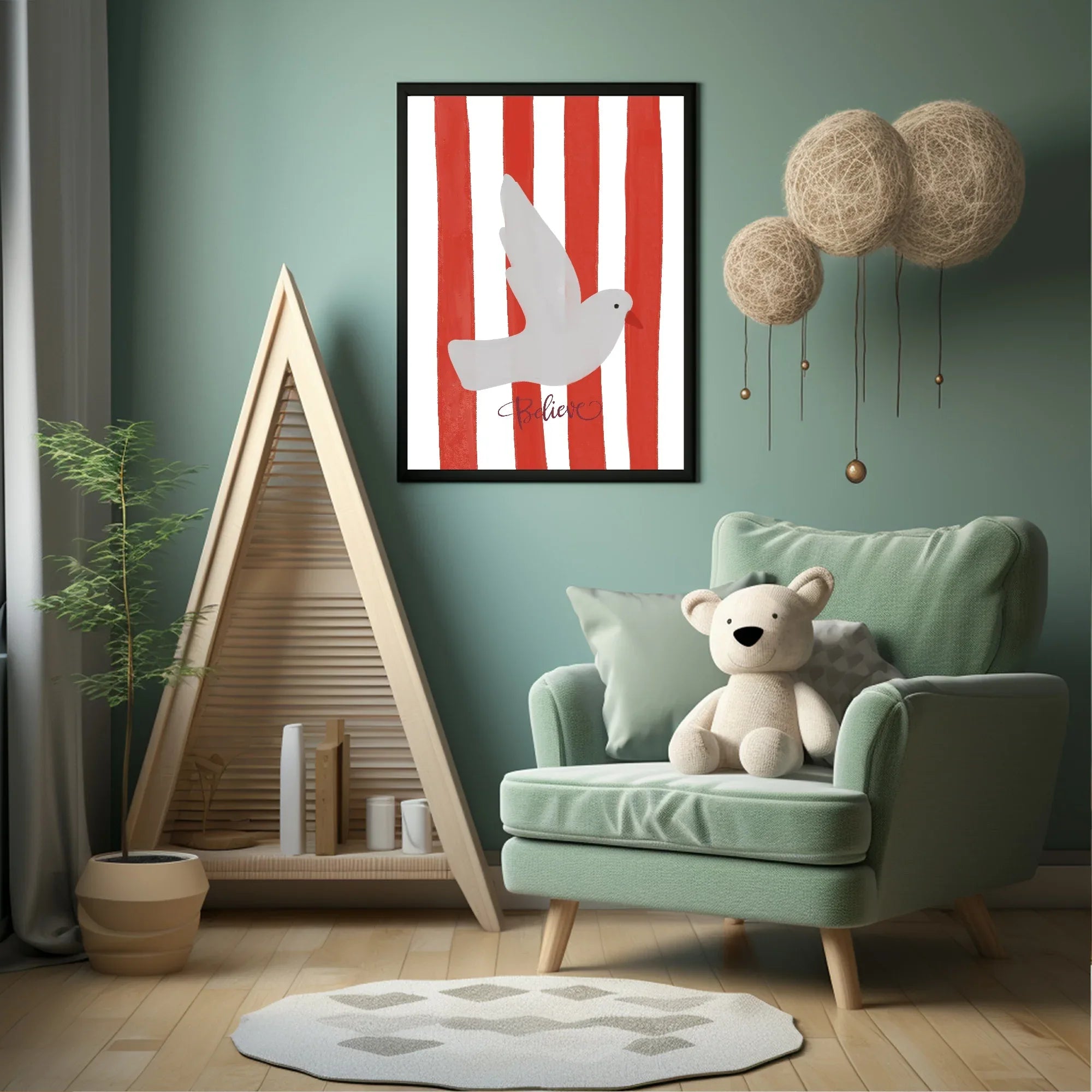 Believe Bird In Stripes Print | Red, Green & Pink Colour Stripes Options - Larosier Prints