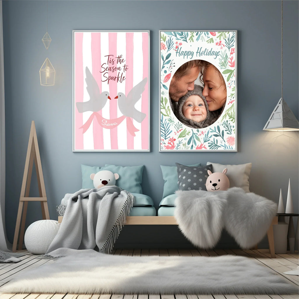 Personalised Tis The Season Bird Print | Pink Striped Wall Art - Larosier Prints