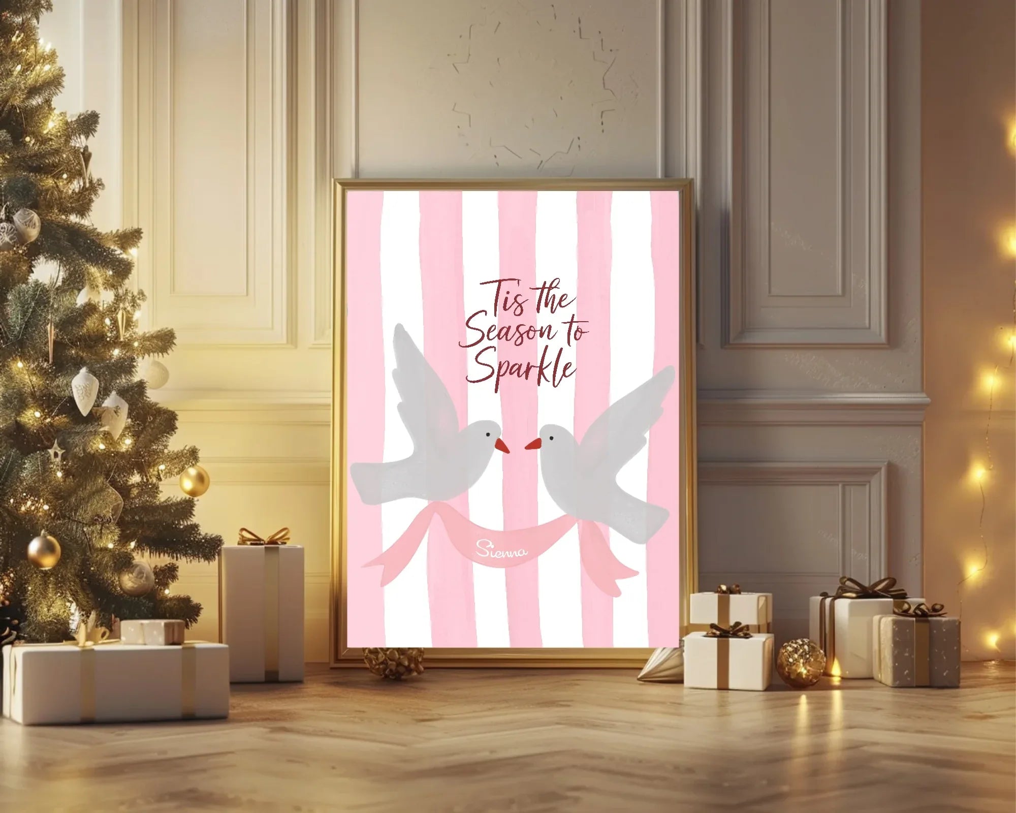 Personalised Tis The Season Bird Print | Pink Striped Wall Art - Larosier Prints