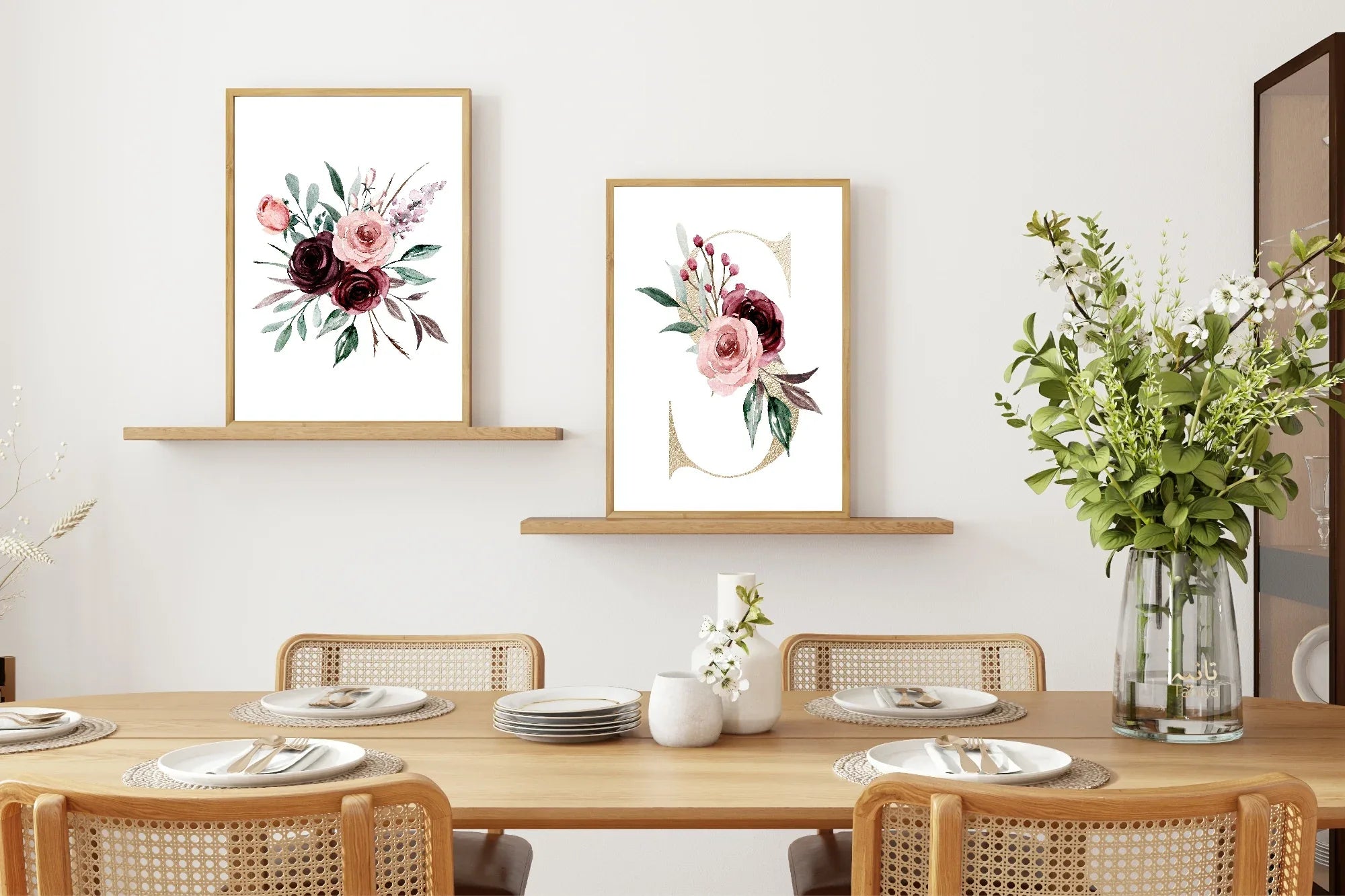 Blush & Burgundy Gold Floral Personalised Initial Print - Larosier Prints