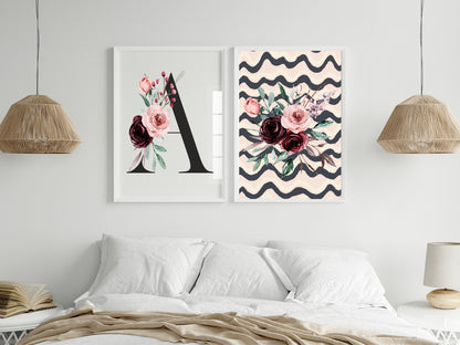 Blush Pink & Burgundy Bouquet On Wavy Background | Cosy Modern Wall Art