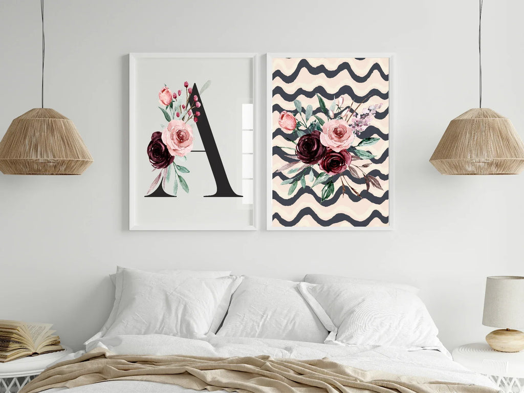 Blush & Burgundy Gold Floral Personalised Initial Print - Larosier Prints