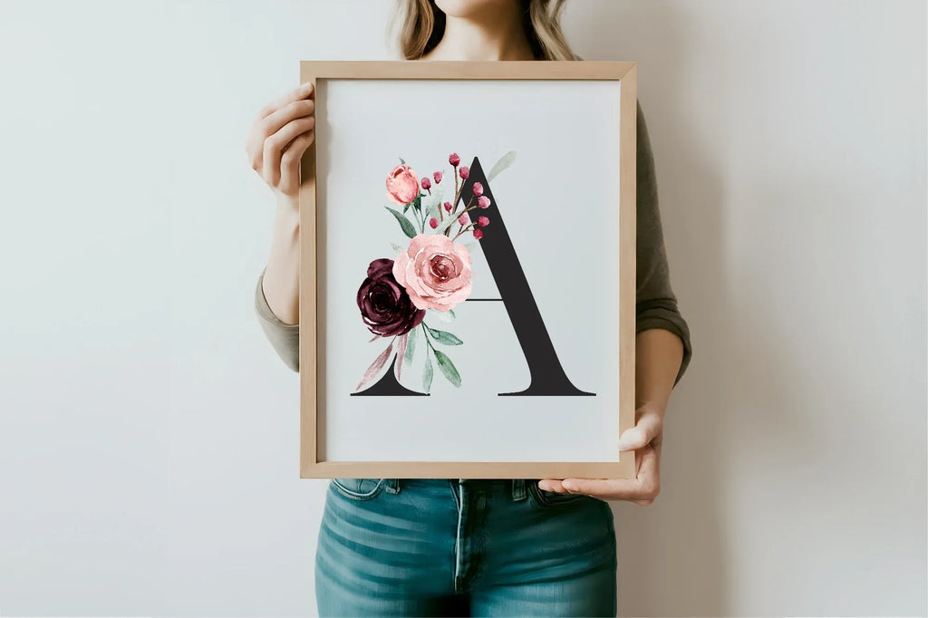 Blush & Burgundy Gold Floral Personalised Initial Print - Larosier Prints