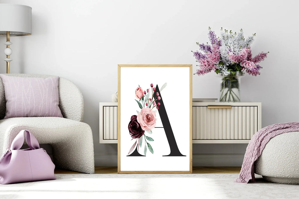 Blush & Burgundy Gold Floral Personalised Initial Print - Larosier Prints