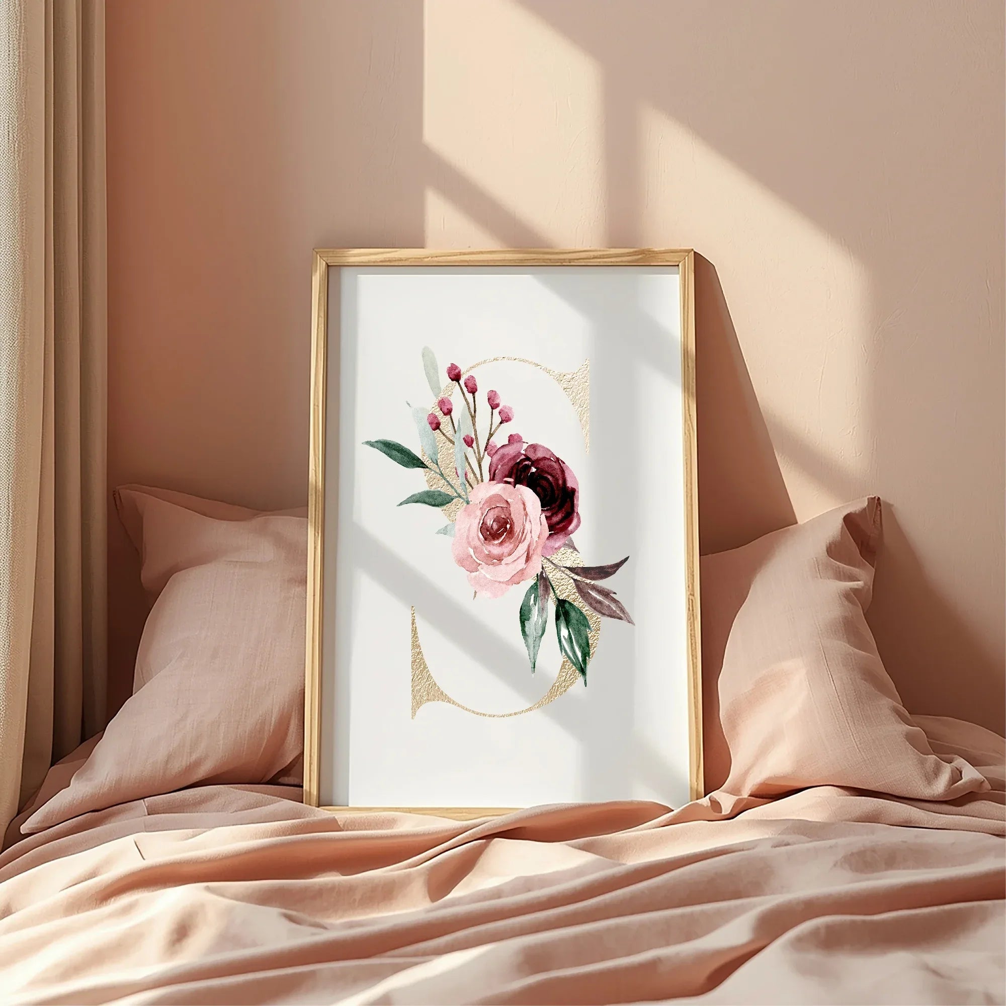 Blush & Burgundy Gold Floral Personalised Initial Print - Larosier Prints