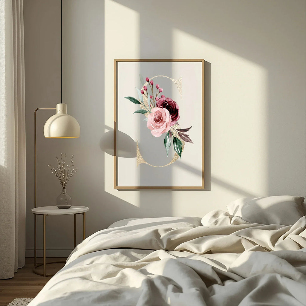 Blush & Burgundy Gold Floral Personalised Initial Print - Larosier Prints