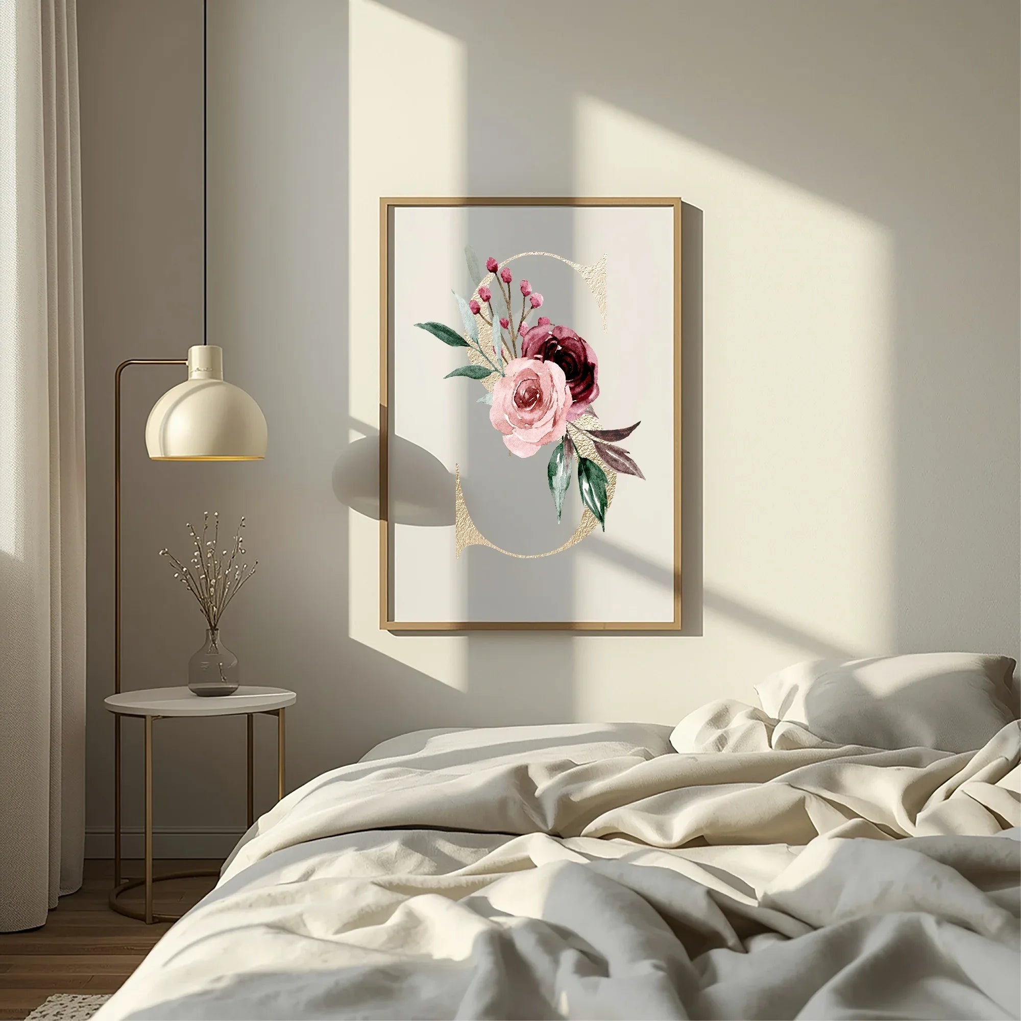 Blush & Burgundy Gold Floral Personalised Initial Print - Larosier Prints