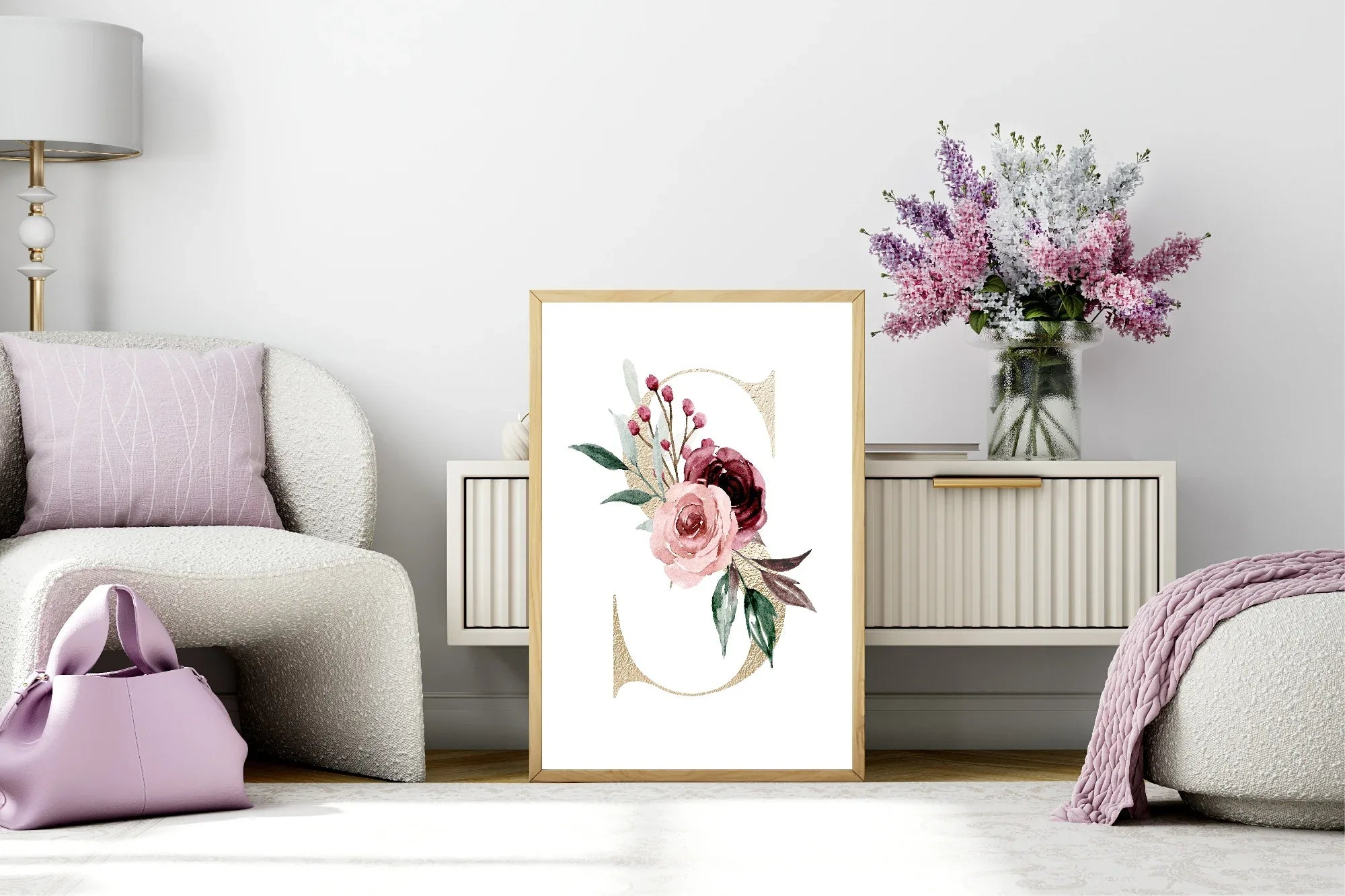 Blush & Burgundy Gold Floral Personalised Initial Print - Larosier Prints