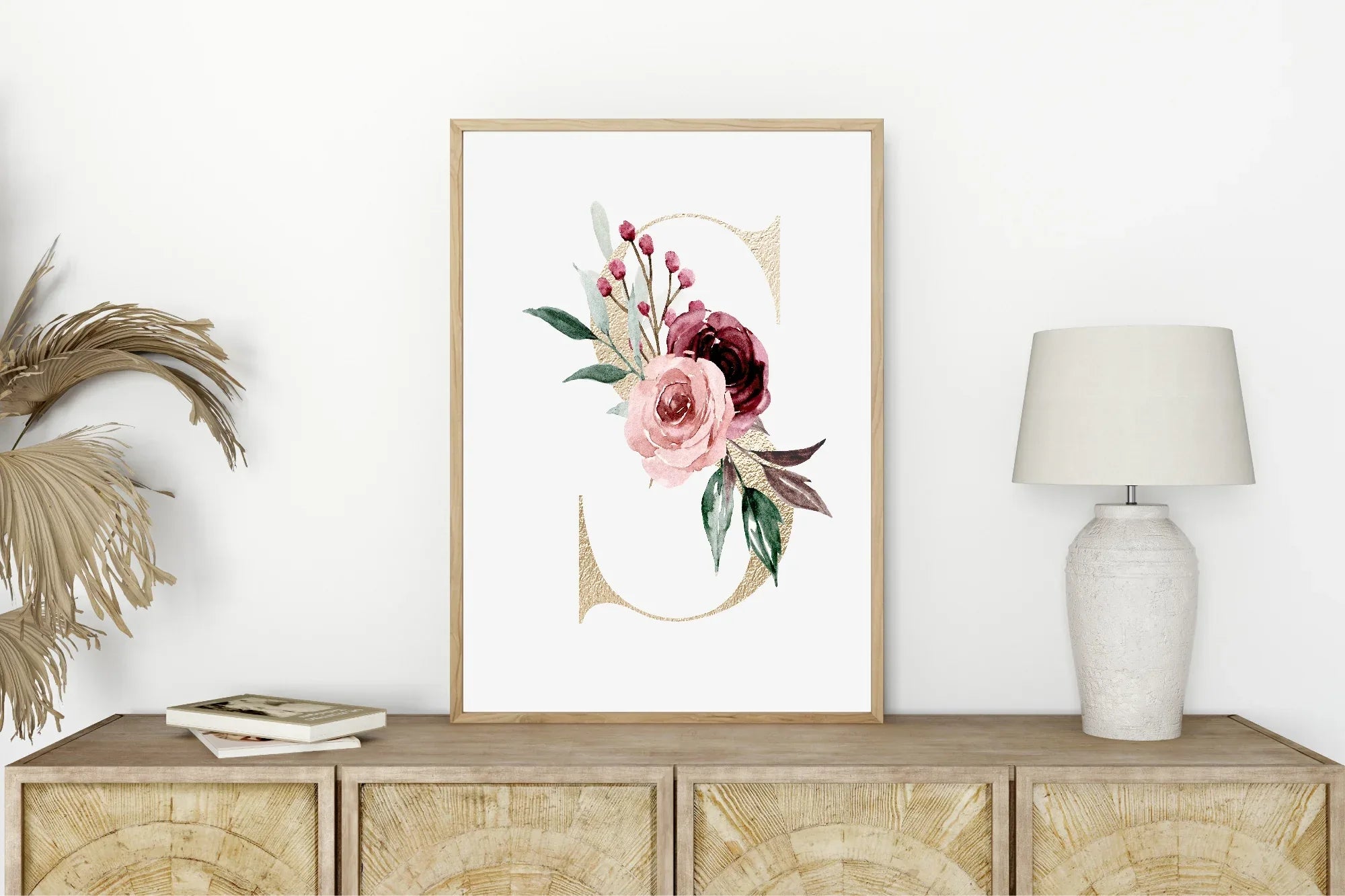 Blush & Burgundy Gold Floral Personalised Initial Print - Larosier Prints