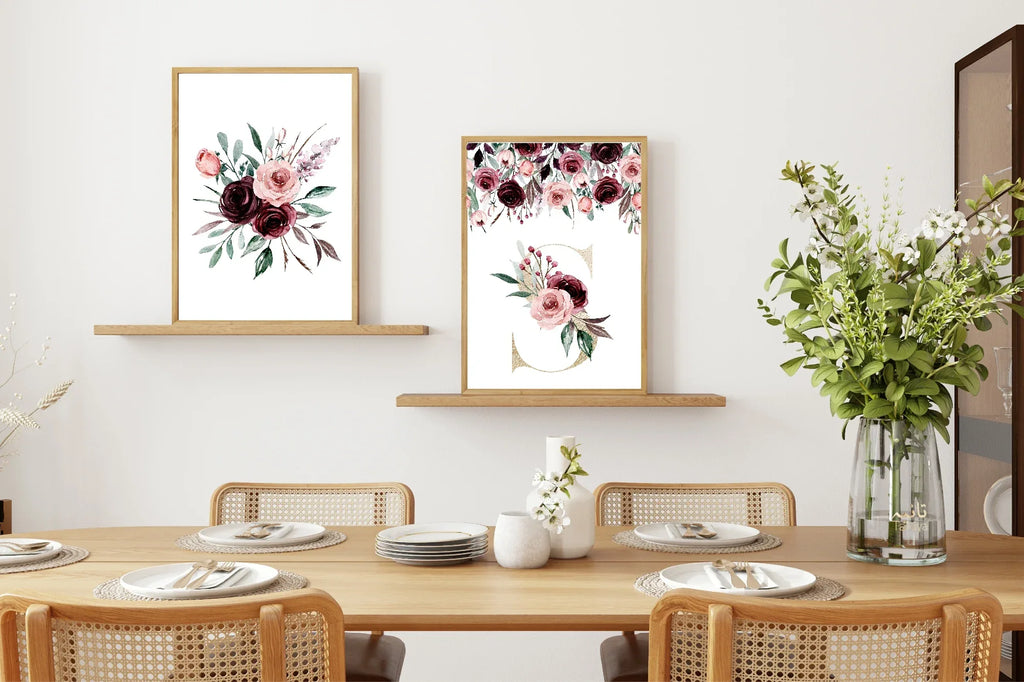 Blush & Burgundy Floral Framed Personalised Initial Print - Larosier Prints