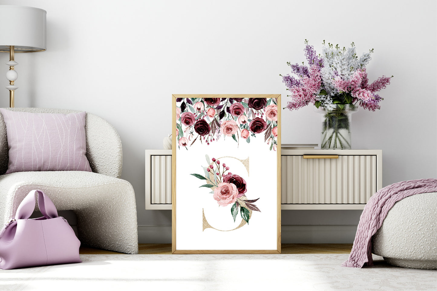 Blush & Burgundy Floral Framed Personalised Initial Print