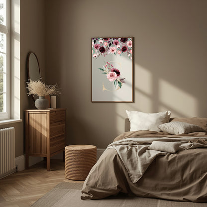 Blush & Burgundy Floral Framed Personalised Initial Print