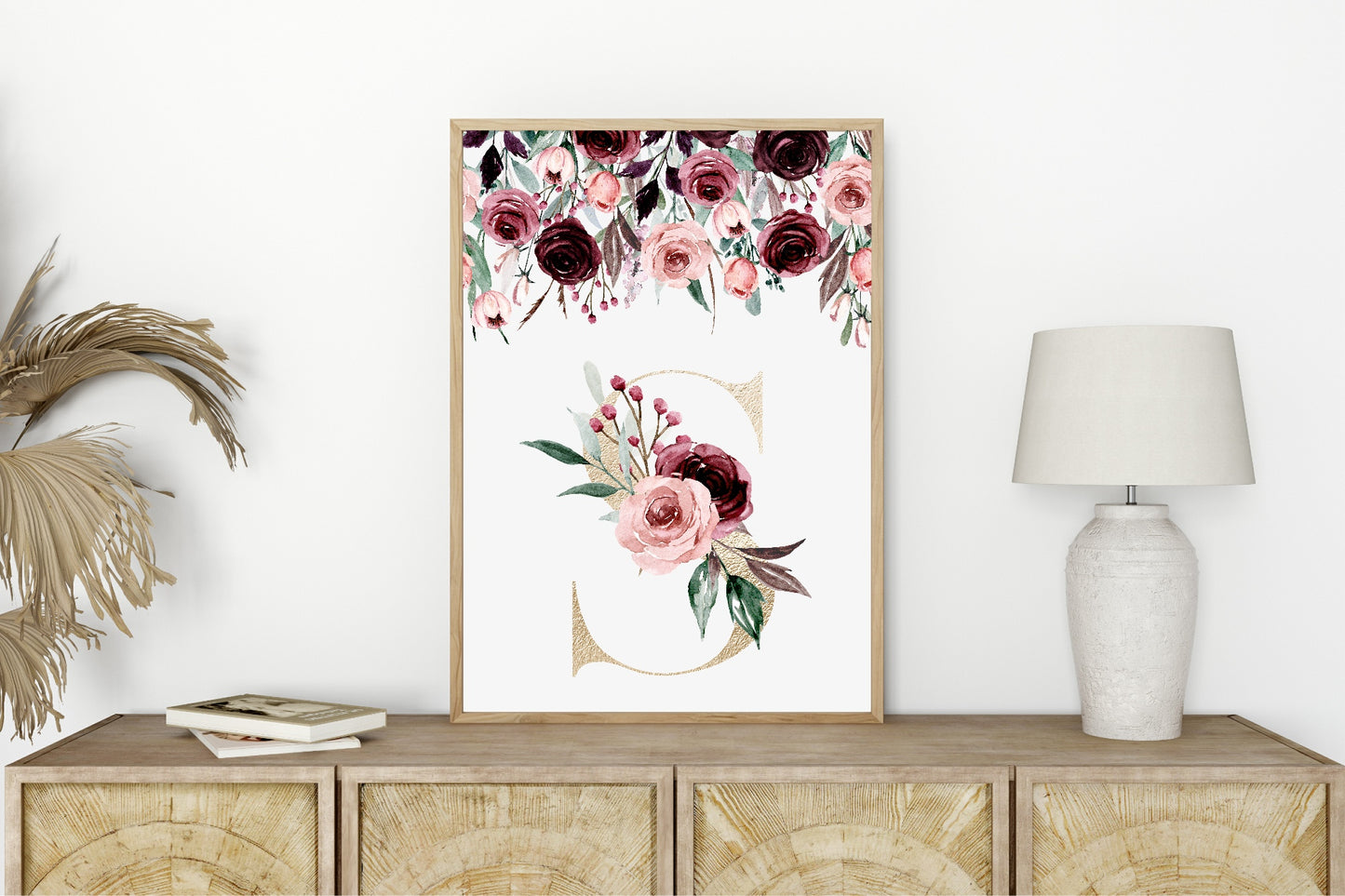 Blush & Burgundy Floral Framed Personalised Initial Print