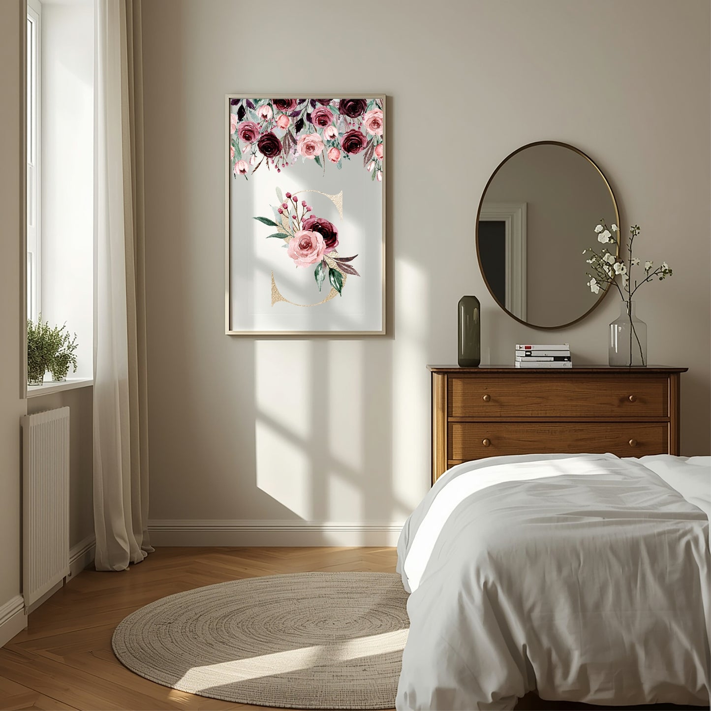 Blush & Burgundy Floral Framed Personalised Initial Print