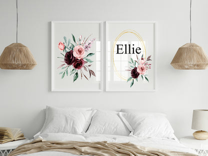 Blush & Burgundy Floral Framed Personalised Name Print