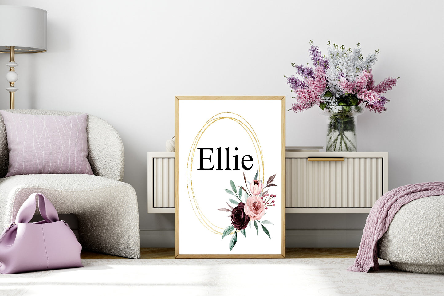 Blush & Burgundy Floral Framed Personalised Name Print
