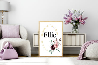 Blush & Burgundy Floral Framed Personalised Name Print