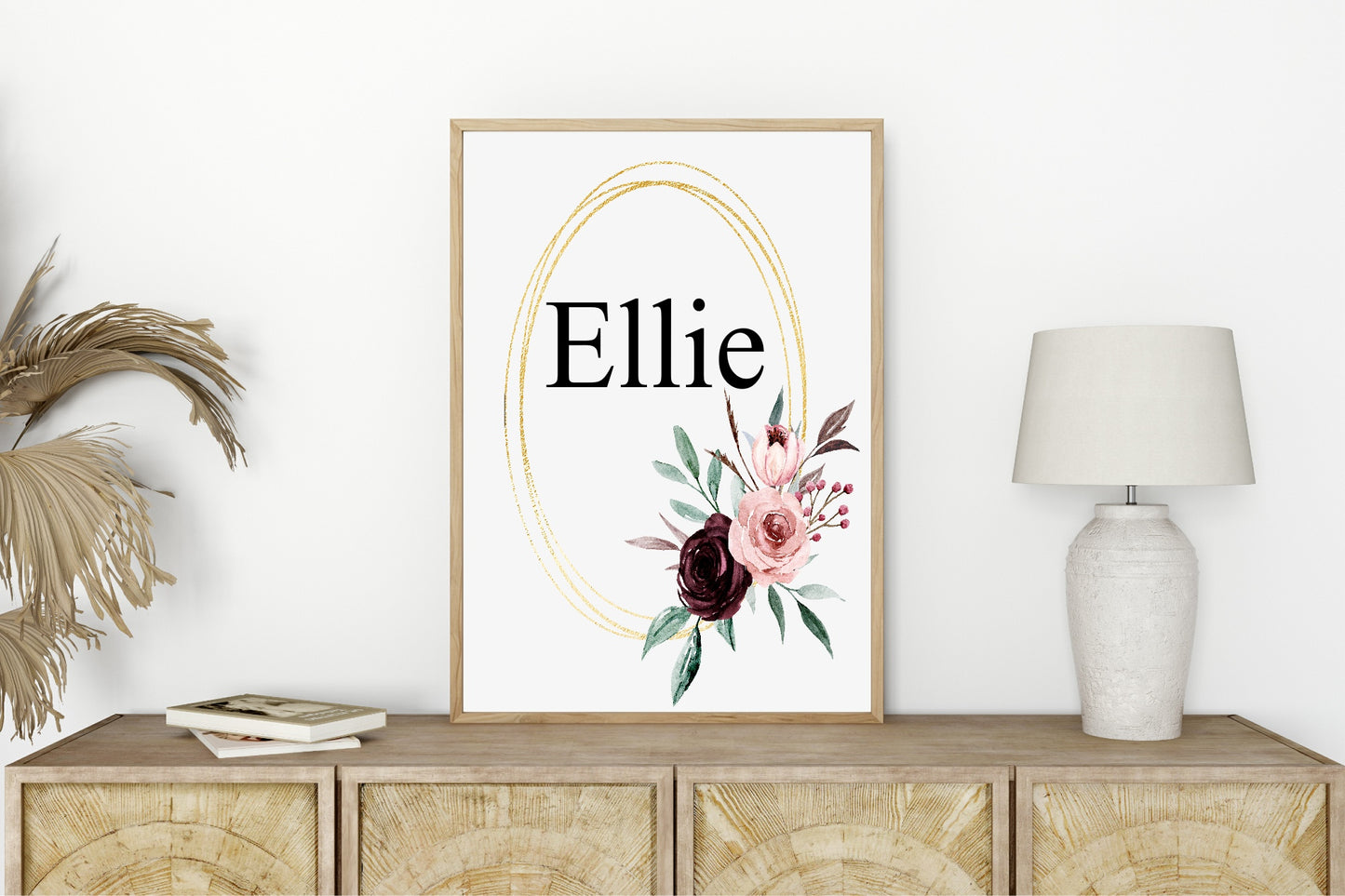 Blush & Burgundy Floral Framed Personalised Name Print