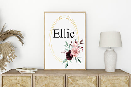 Blush & Burgundy Floral Framed Personalised Name Print