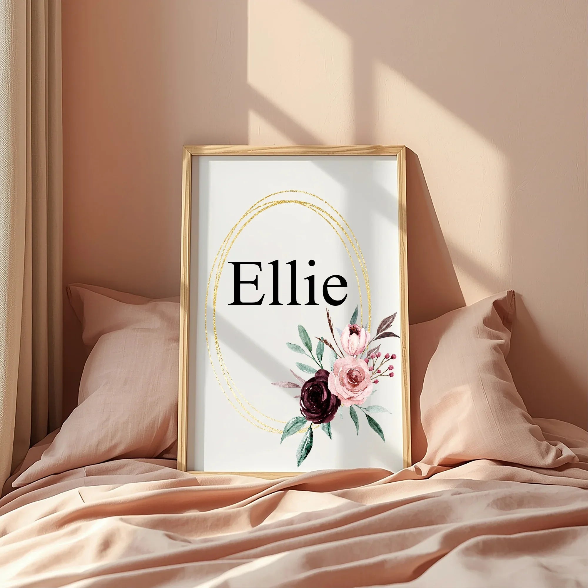 Blush & Burgundy Floral Framed Personalised Name Print - Larosier Prints