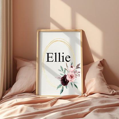 Blush & Burgundy Floral Framed Personalised Name Print