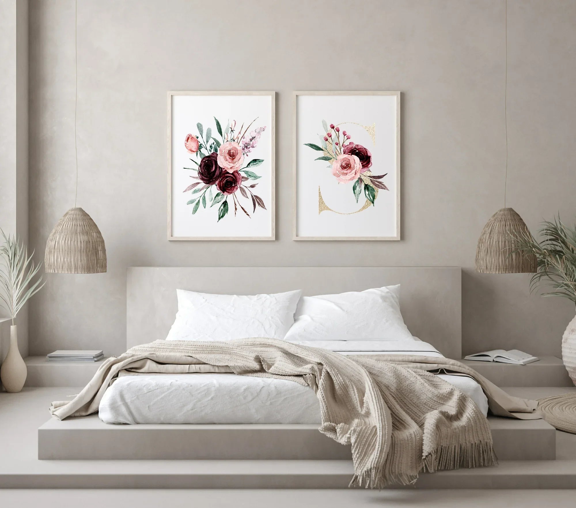 Blush & Burgundy Gold Floral Personalised Initial Print - Larosier Prints