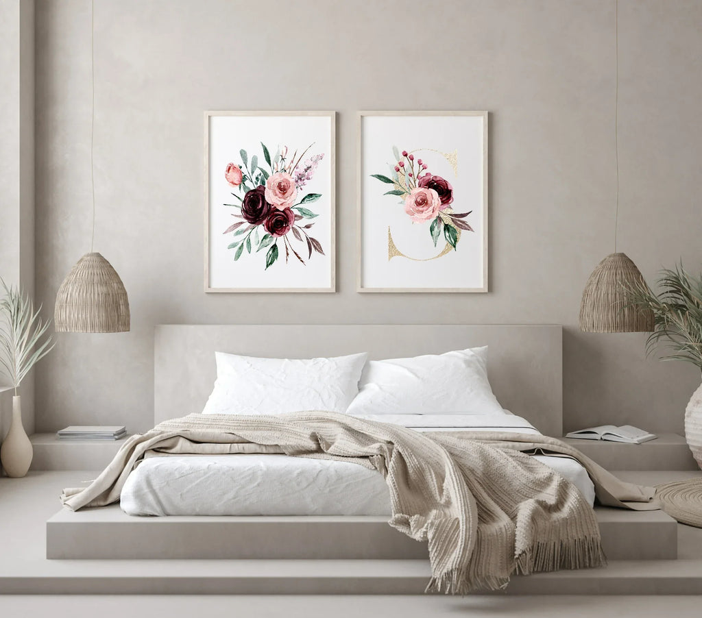 Blush Pink & Burgundy Bouquet | Cosy Modern Wall Art - Larosier Prints