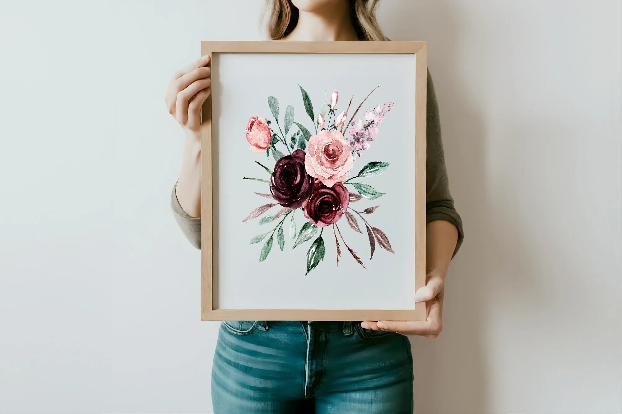 Blush Pink & Burgundy Bouquet | Cosy Modern Wall Art - Larosier Prints