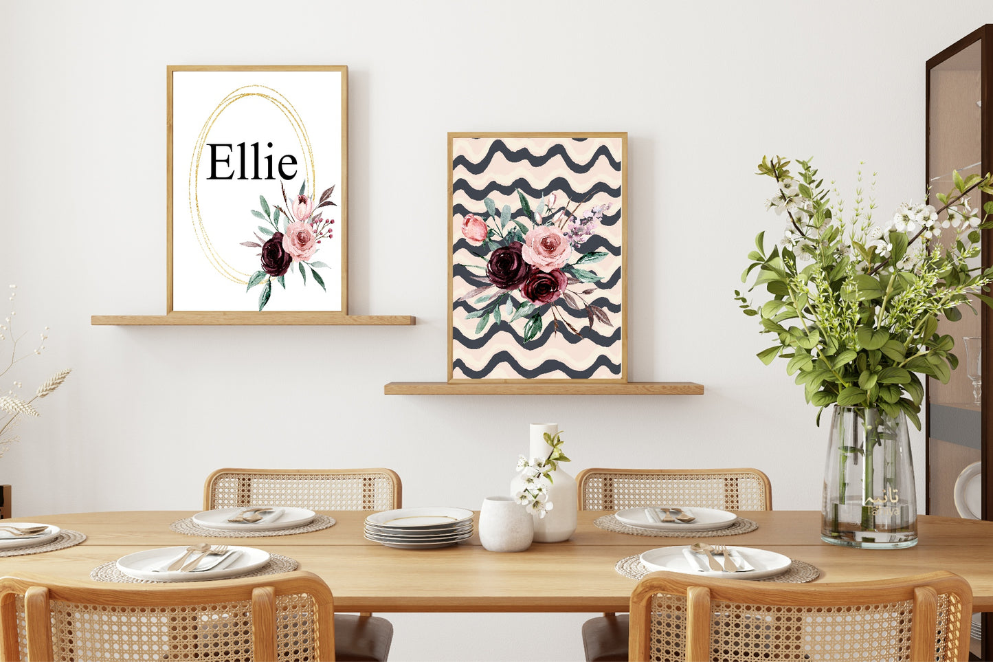 Blush Pink & Burgundy Bouquet On Wavy Background | Cosy Modern Wall Art