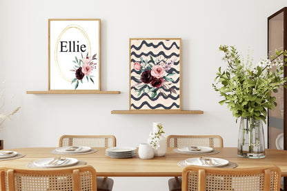 Blush Pink & Burgundy Bouquet On Wavy Background | Cosy Modern Wall Art