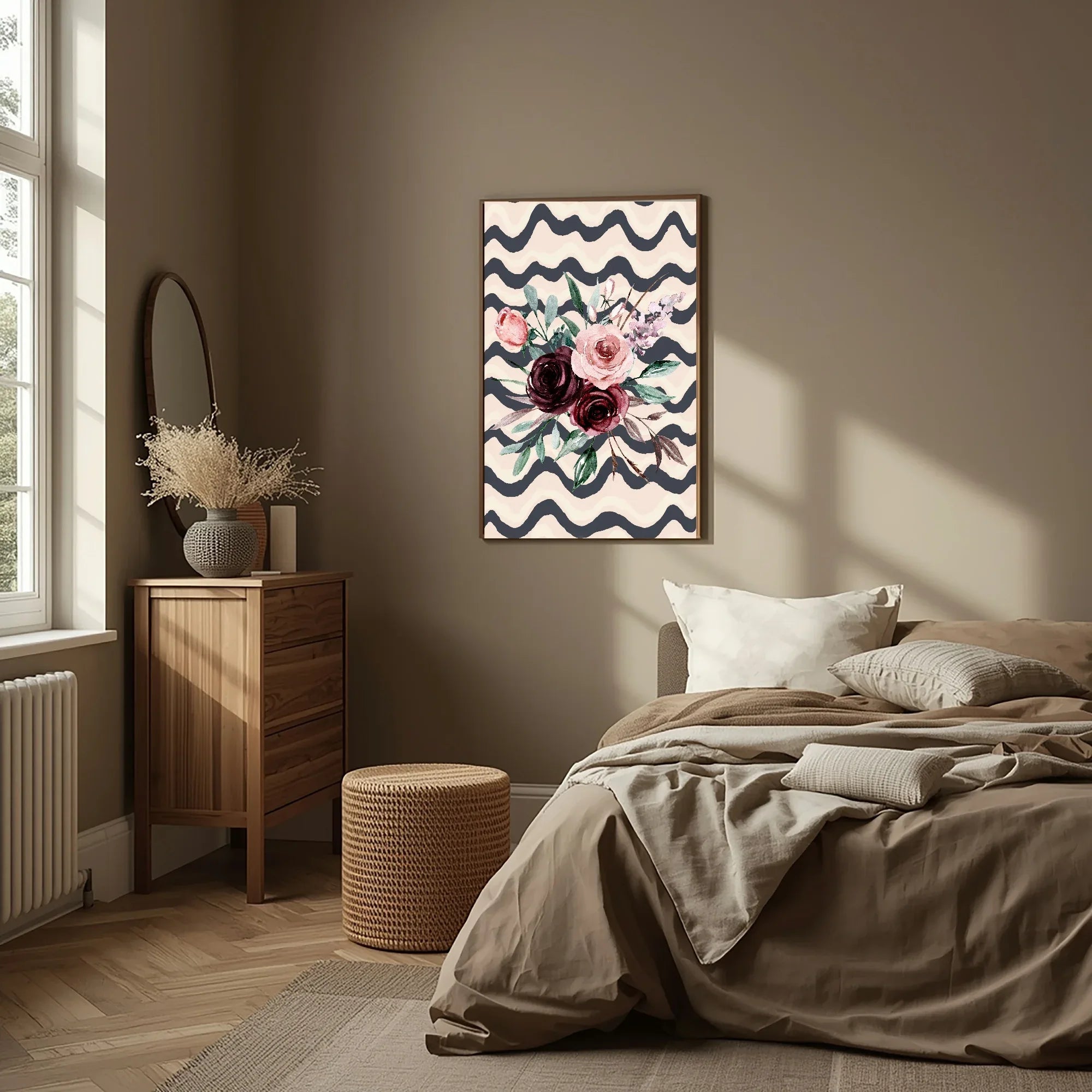 Blush Pink & Burgundy Bouquet On Wavy Background | Cosy Modern Wall Art - Larosier Prints