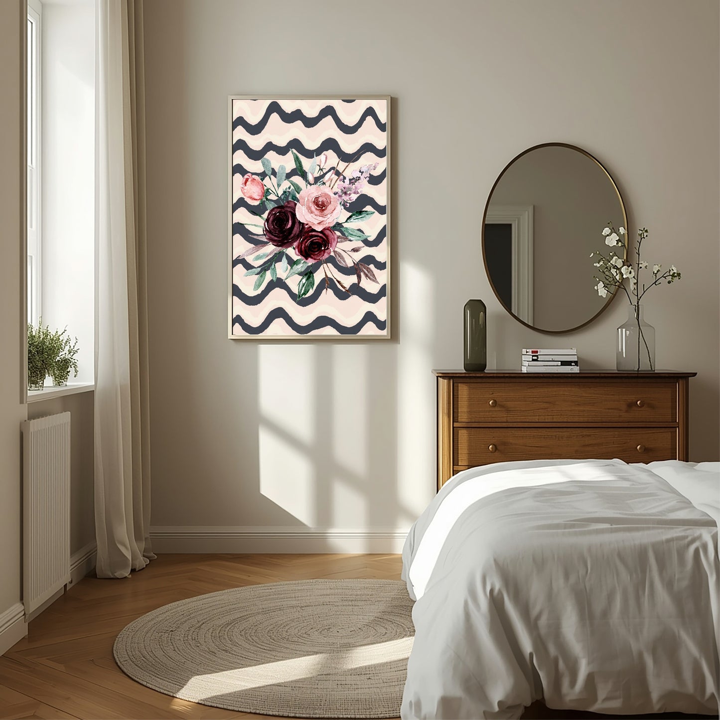 Blush Pink & Burgundy Bouquet On Wavy Background | Cosy Modern Wall Art