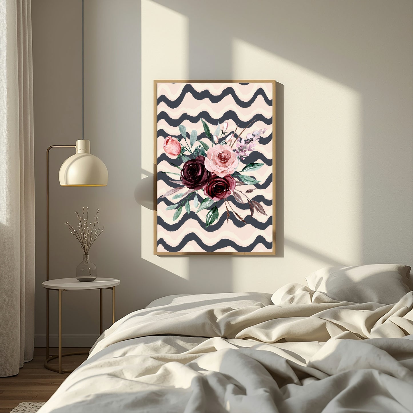 Blush Pink & Burgundy Bouquet On Wavy Background | Cosy Modern Wall Art