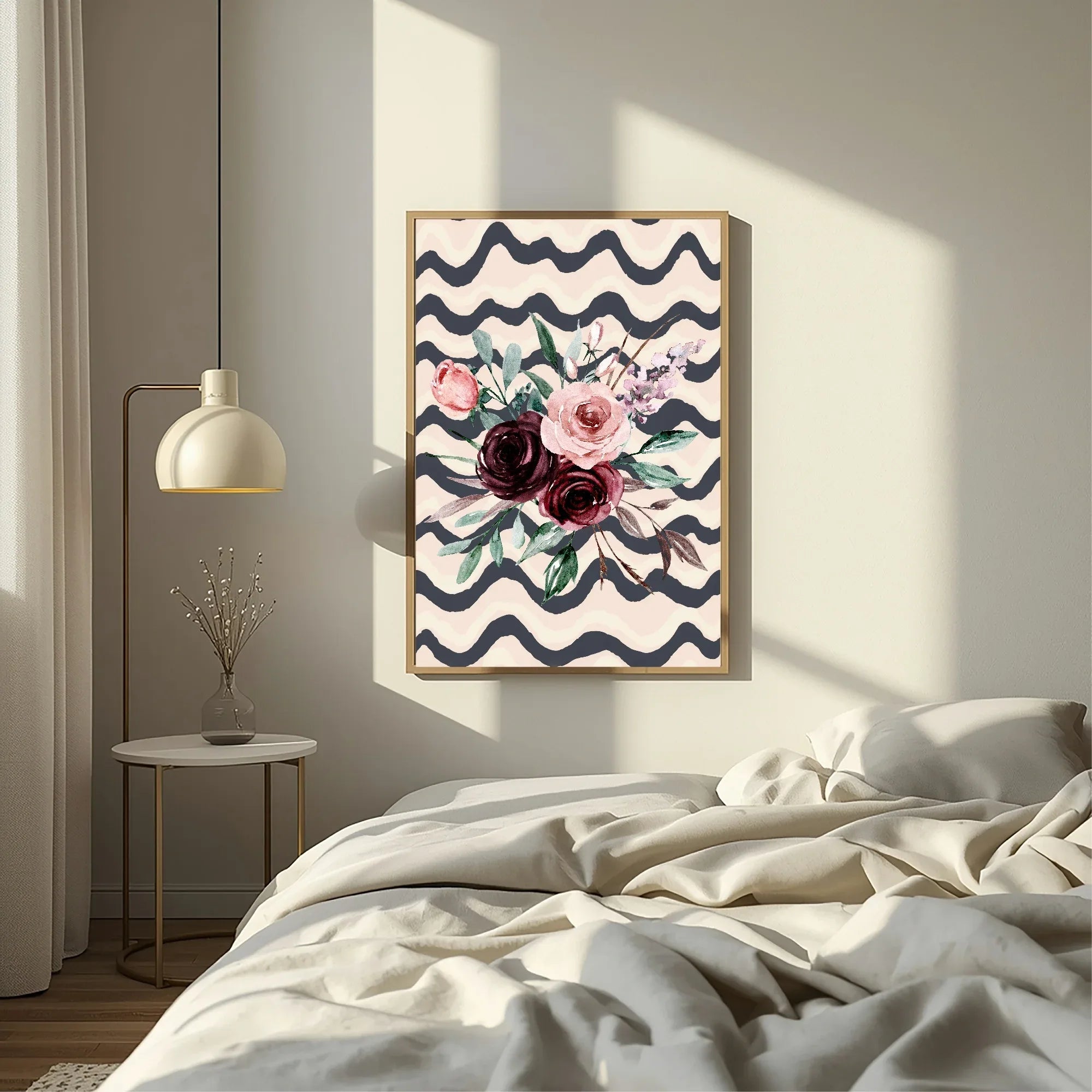 Blush Pink & Burgundy Bouquet On Wavy Background | Cosy Modern Wall Art - Larosier Prints