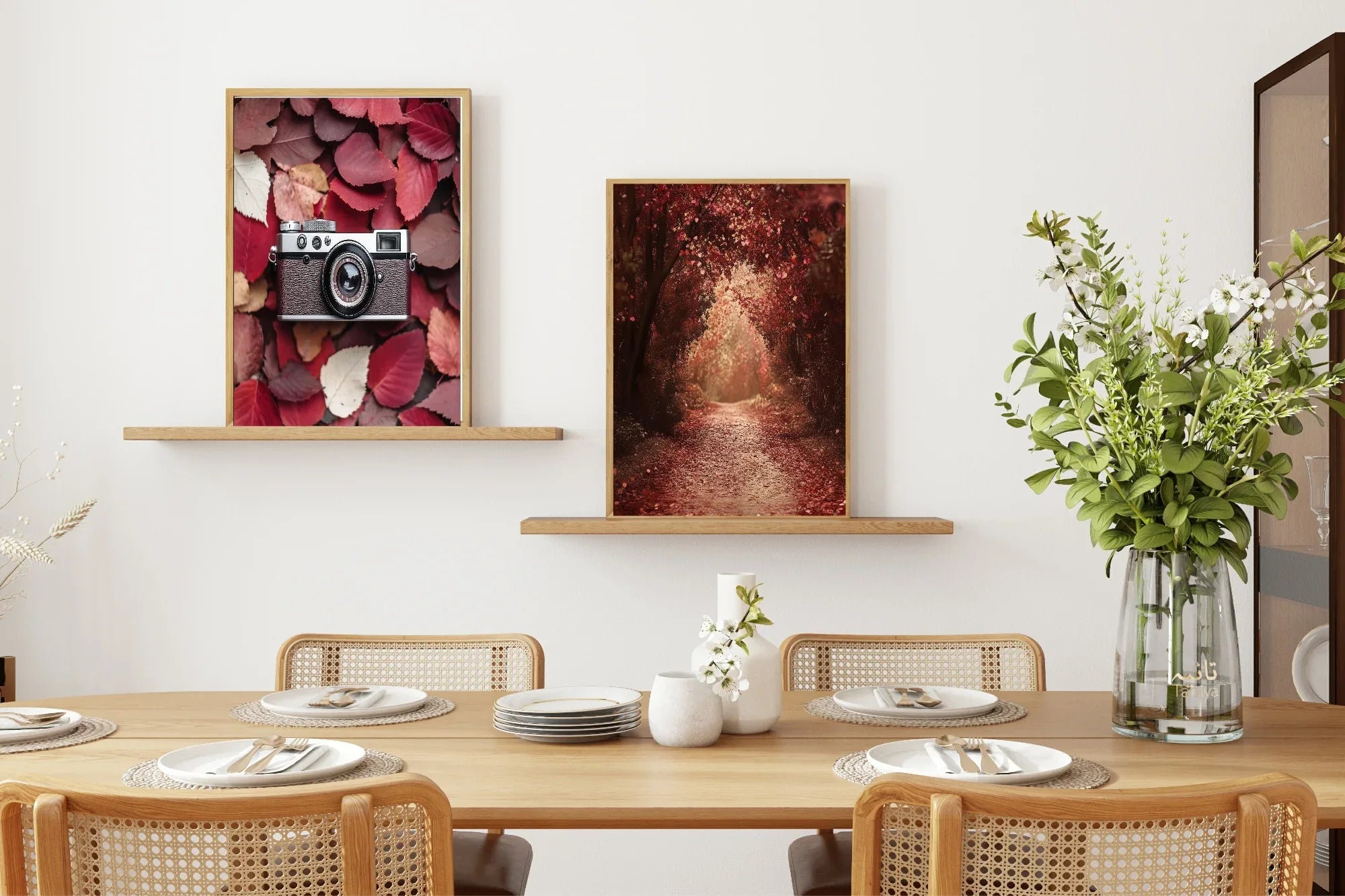 Burgundy Leaves & Camera Print | Cosy Modern Wall Art - Larosier Prints