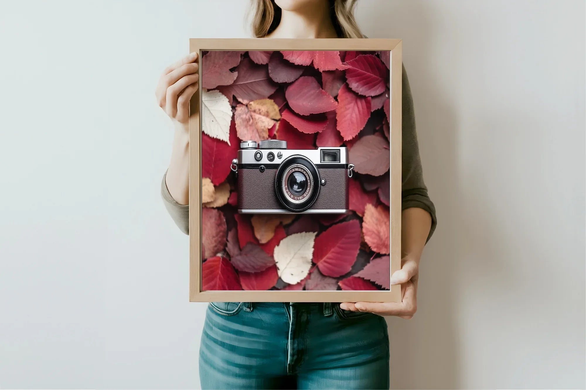 Burgundy Leaves & Camera Print | Cosy Modern Wall Art - Larosier Prints