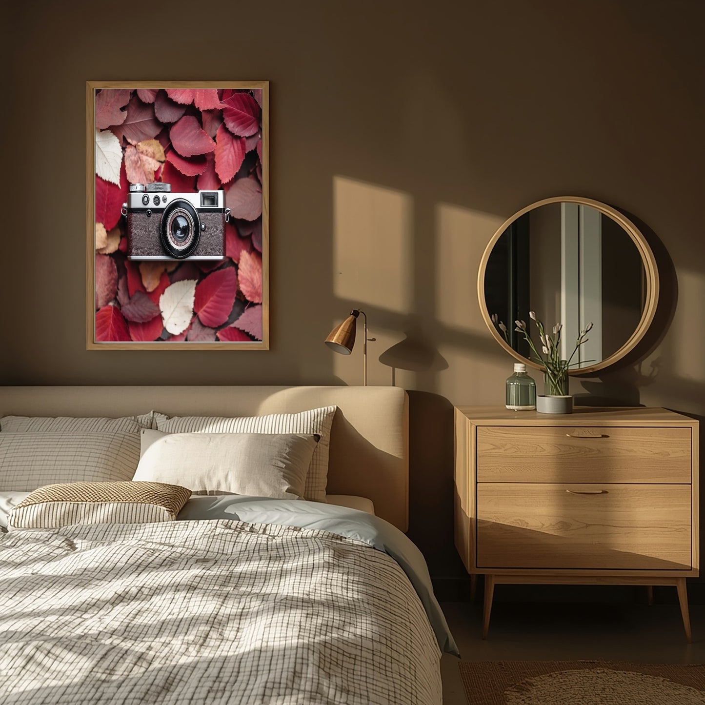 Burgundy Leaves & Camera Print | Cosy Modern Wall Art