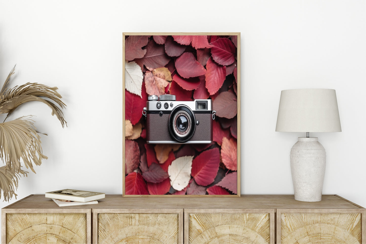 Burgundy Leaves & Camera Print | Cosy Modern Wall Art