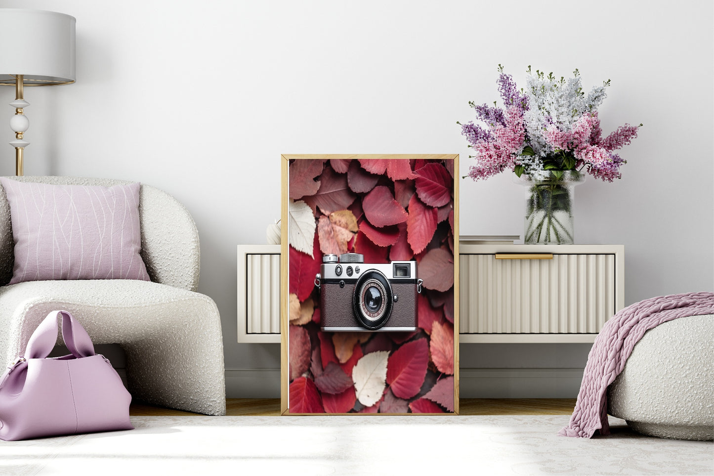 Burgundy Leaves & Camera Print | Cosy Modern Wall Art