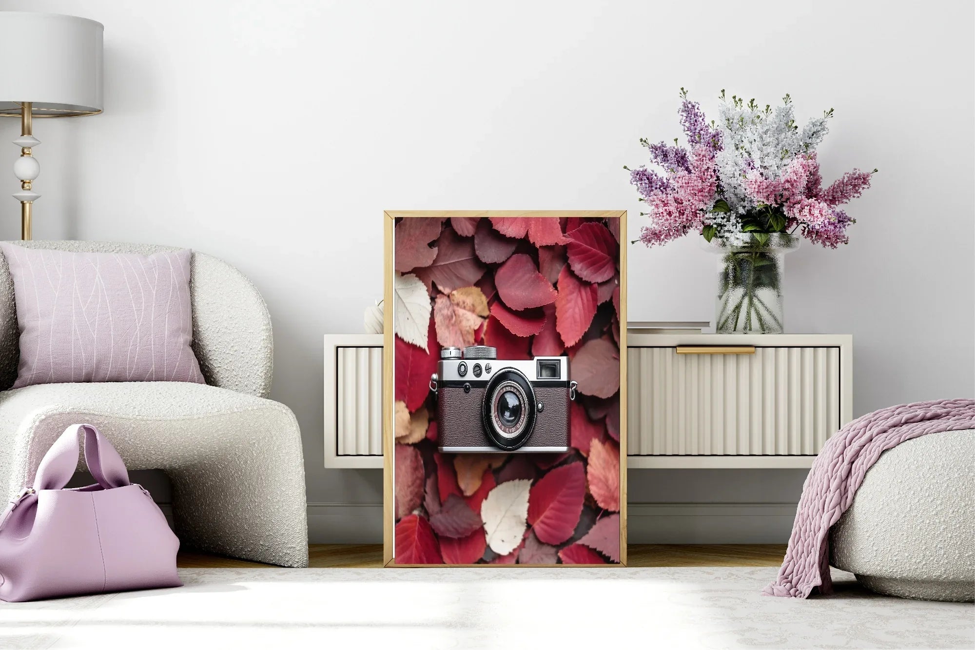 Burgundy Leaves & Camera Print | Cosy Modern Wall Art - Larosier Prints