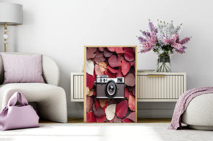 Burgundy Leaves & Camera Print | Cosy Modern Wall Art