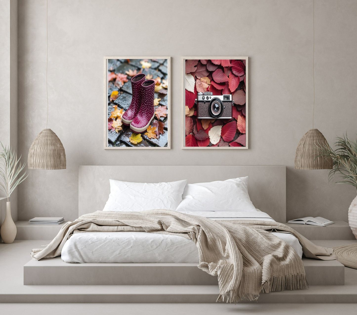 Burgundy Leaves & Camera Print | Cosy Modern Wall Art